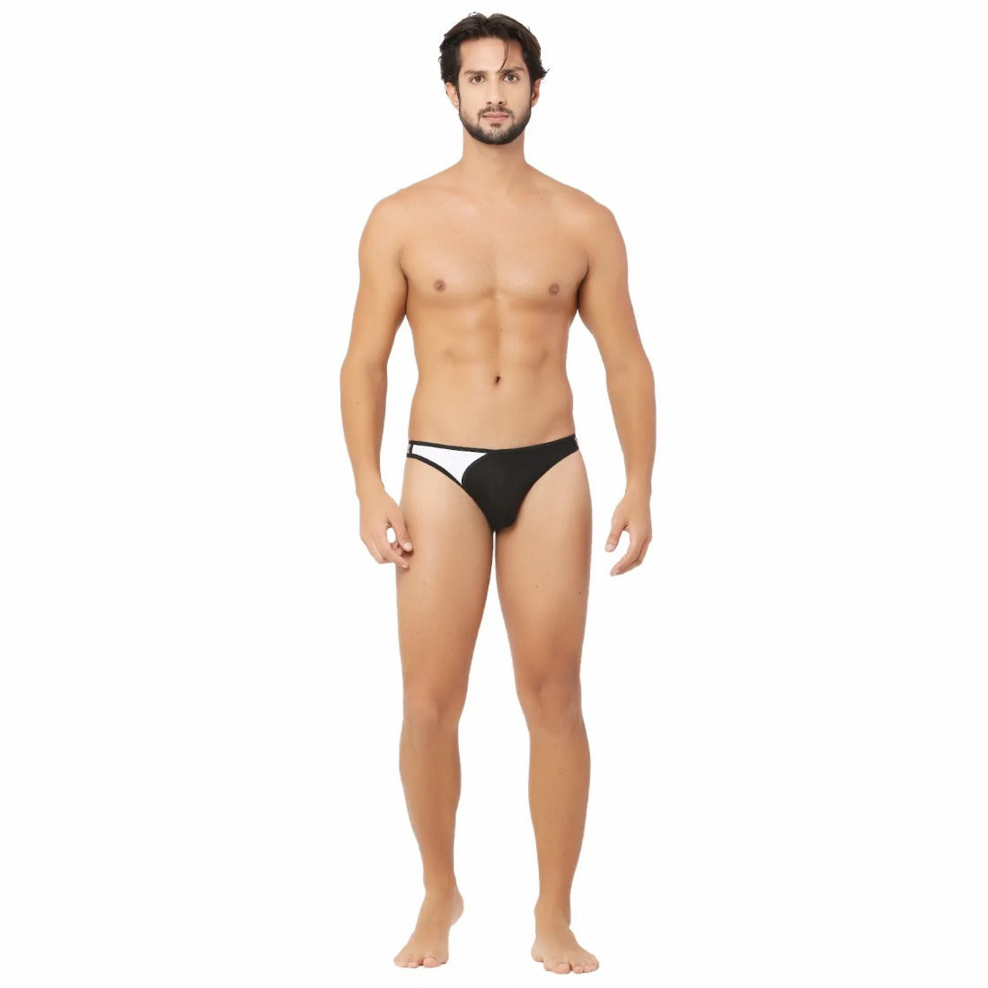 Black and white men's cotton spandex lace thong, stretchable underwear with elastic straps and center seam pouch for support
