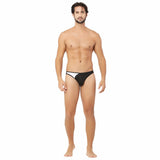 Black and white men's cotton spandex lace thong, stretchable underwear with elastic straps and center seam pouch for support