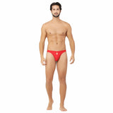 Red cotton spandex men's brief thong with front open hole notch, enhancing comfort and style