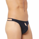 Black cotton spandex brief thong underwear with front open hole, stretchy and supportive