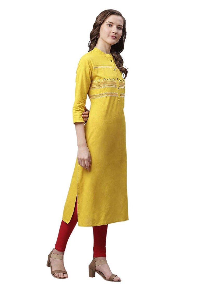 Women's Pure Cotton Printed Straight Kurti (Yellow, Pure Cotton) - GillKart