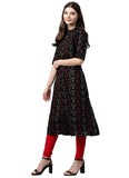 Women's Cotton Printed A Line Kurti (Black, Cotton) - GillKart