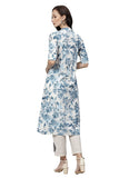Women's Cotton Printed Floral Print Kurti (White, Blue, Cotton) - GillKart