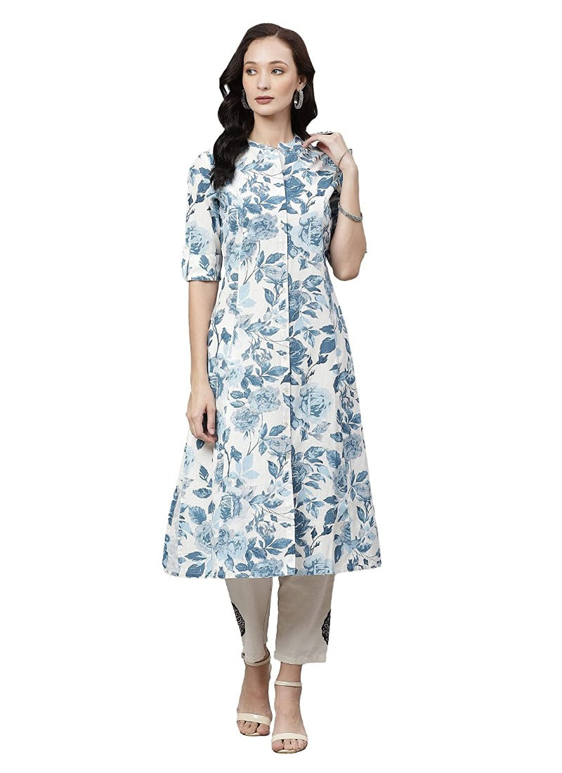 Women's Cotton Printed Floral Print Kurti (White, Blue, Cotton) - GillKart