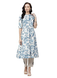 Women's Cotton Printed Floral Print Kurti (White, Blue, Cotton) - GillKart