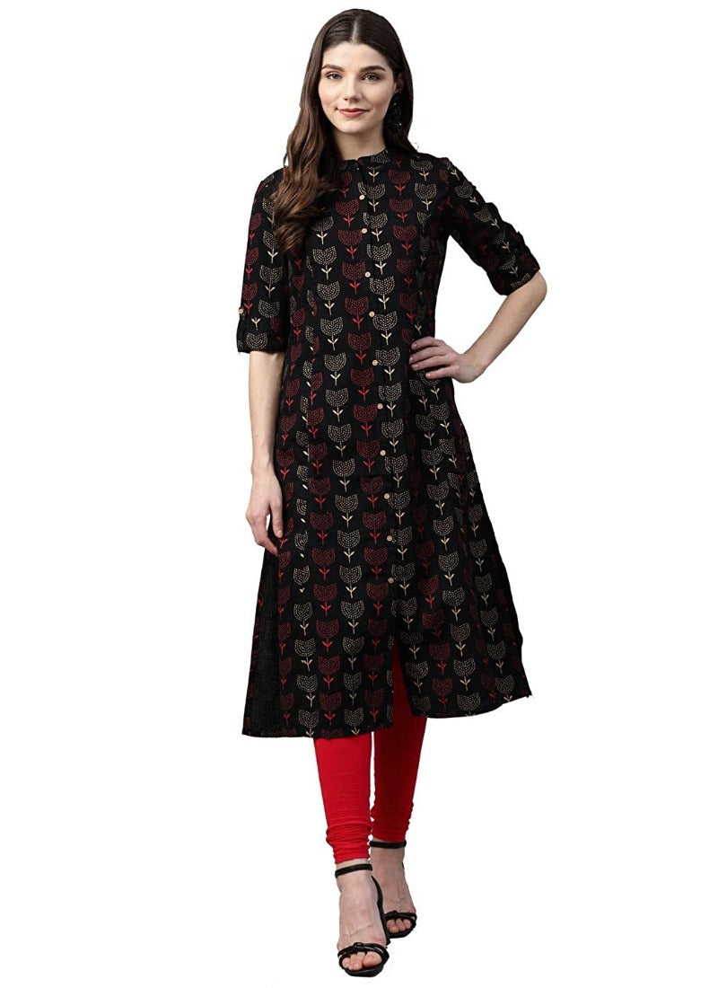 Women's Cotton Printed A Line Kurti (Black, Cotton) - GillKart