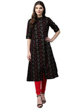 Women's Cotton Printed A Line Kurti (Black, Cotton) - GillKart
