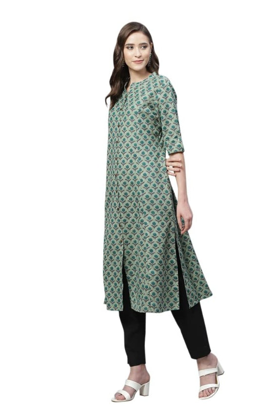 Women's Cotton Printed Flex Kurti (Green, Cotton) - GillKart