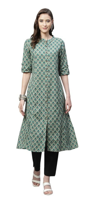 Women's Cotton Printed Flex Kurti (Green, Cotton) - GillKart