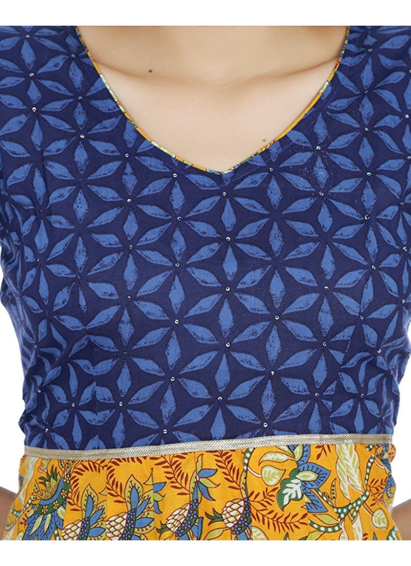 Women's Cotton Printed Long Kurti (Mustard, Blue, Cotton) - GillKart