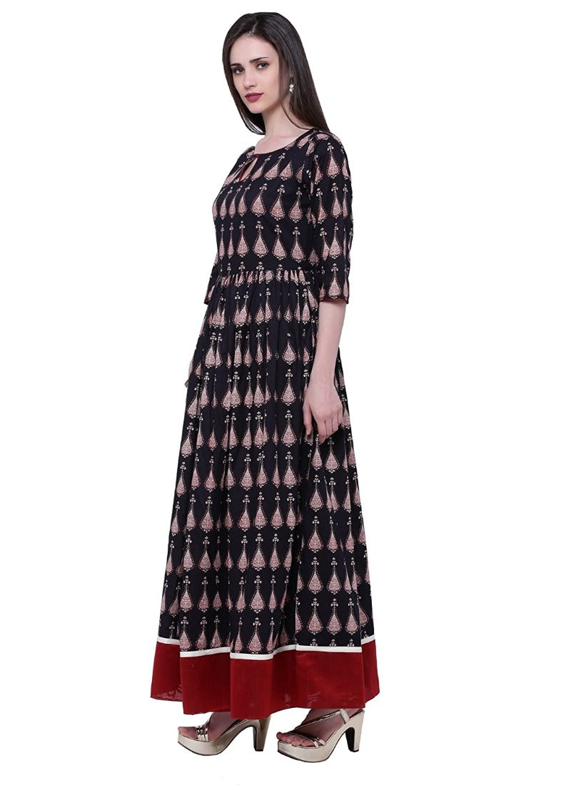 Women's Cotton Printed Anarkali Kurti (Black, Cotton) - GillKart