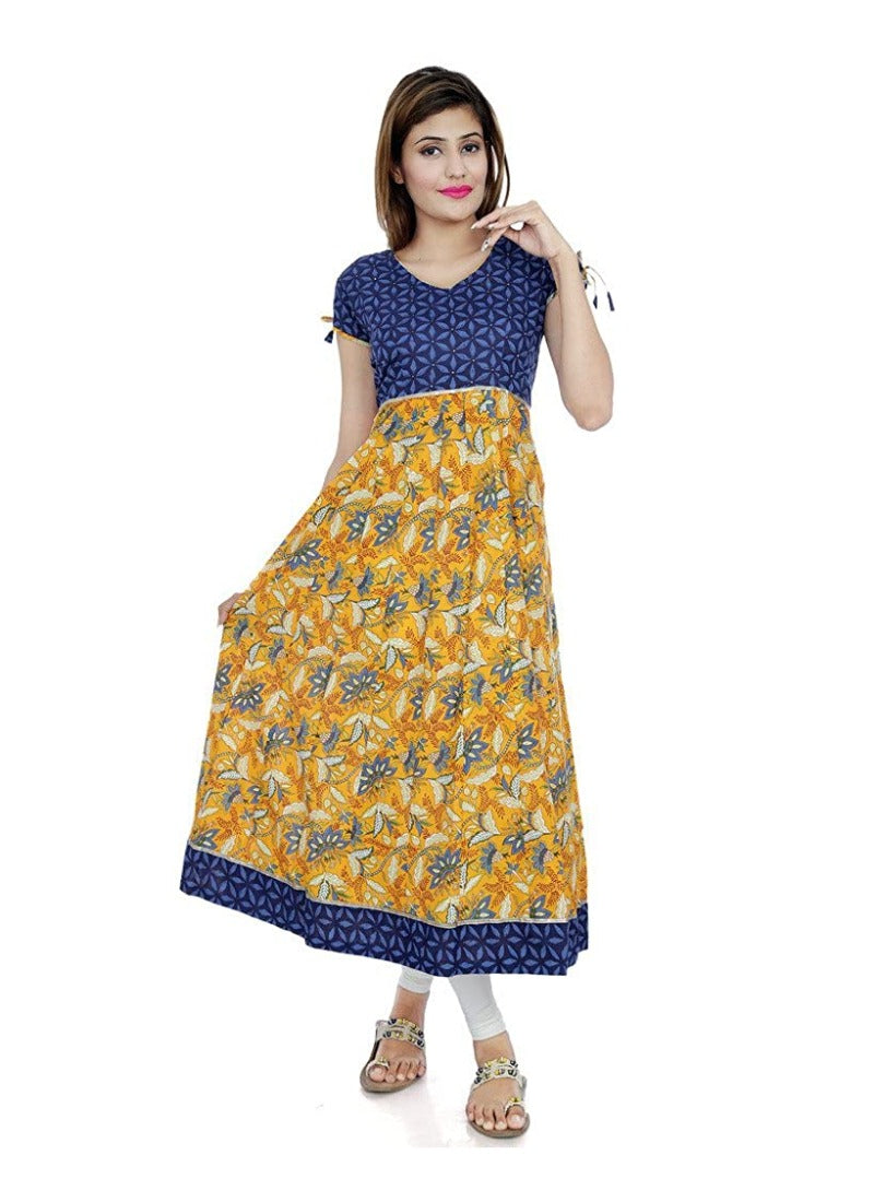 Women's Cotton Printed Long Kurti (Mustard, Blue, Cotton) - GillKart
