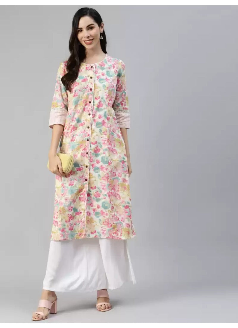 Women's Cotton Printed  Straight Kurti (Multicolor, Cotton) - GillKart