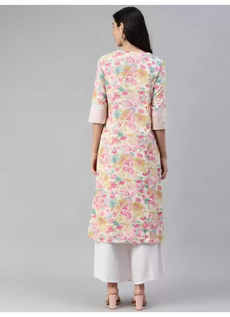 Women's Cotton Printed  Straight Kurti (Multicolor, Cotton) - GillKart