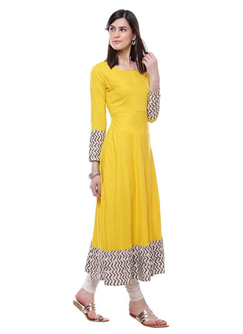Women's Rayon Printed Solid Anarkali Kurti (Yellow, Rayon) - GillKart