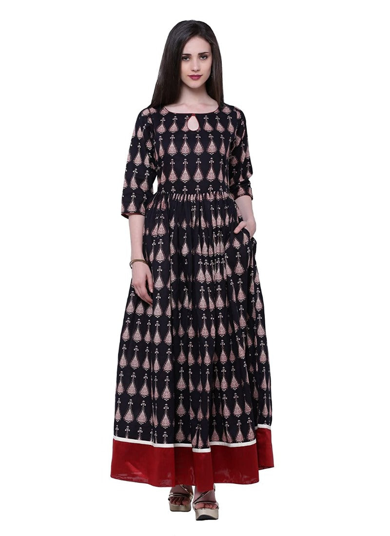 Women's Cotton Printed Anarkali Kurti (Black, Cotton) - GillKart