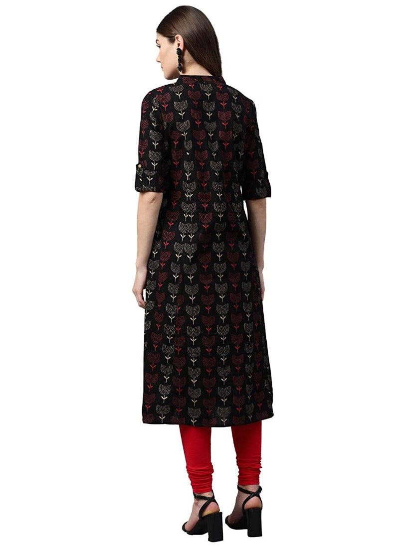 Women's Cotton Printed A Line Kurti (Black, Cotton) - GillKart