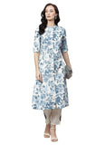 Women's Cotton Printed Floral Print Kurti (White, Blue, Cotton) - GillKart