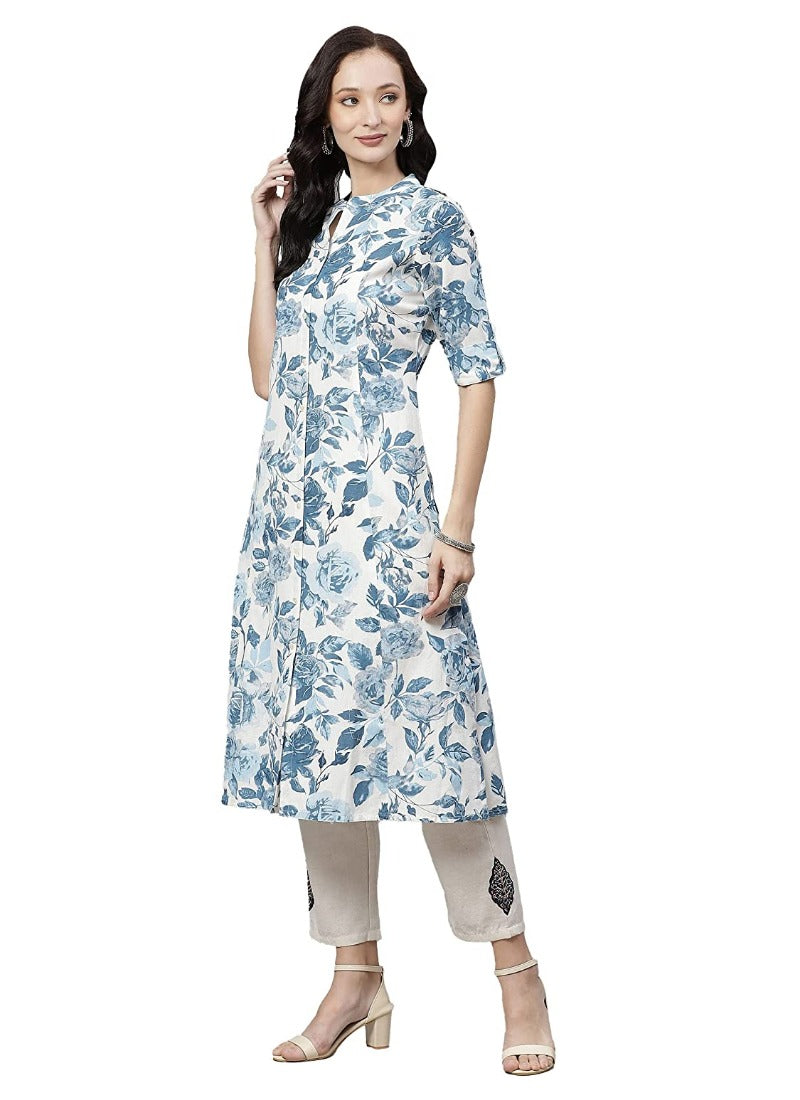 Women's Cotton Printed Floral Print Kurti (White, Blue, Cotton) - GillKart