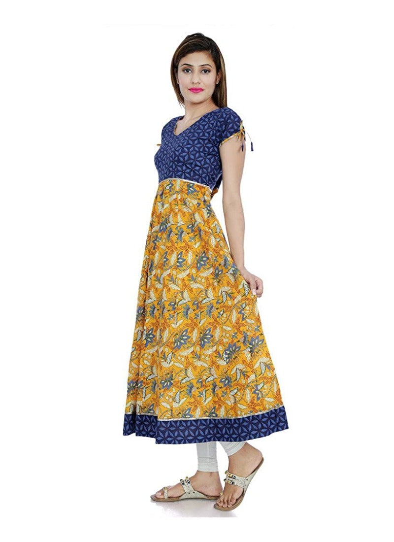 Women's Cotton Printed Long Kurti (Mustard, Blue, Cotton) - GillKart
