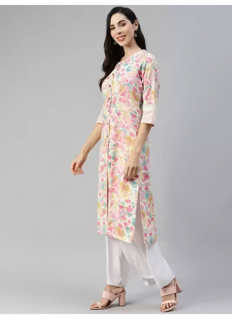 Women's Cotton Printed  Straight Kurti (Multicolor, Cotton) - GillKart