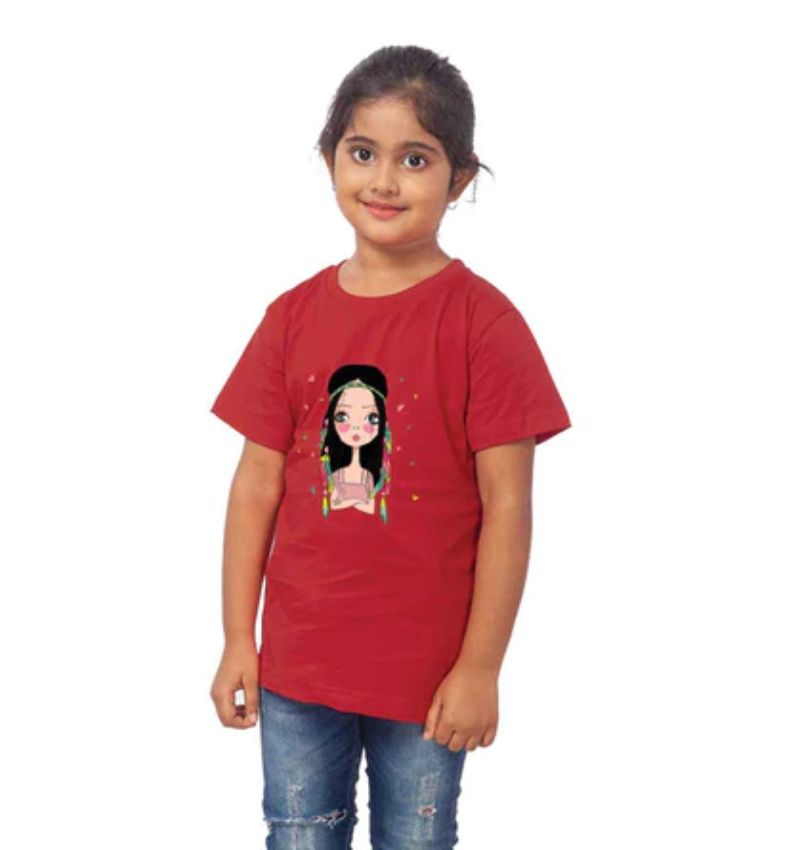 Maroon cotton tribal half-sleeve t-shirt for girls, vibrant design on display