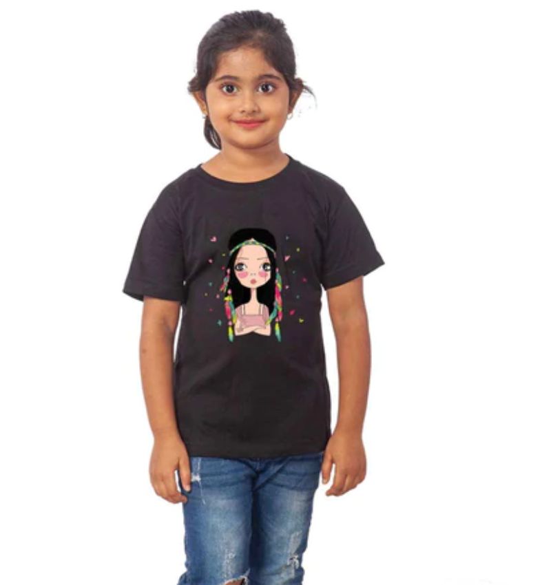 Black cotton girls tribal half sleeve t-shirt with round neck, displaying intricate tribal patterns