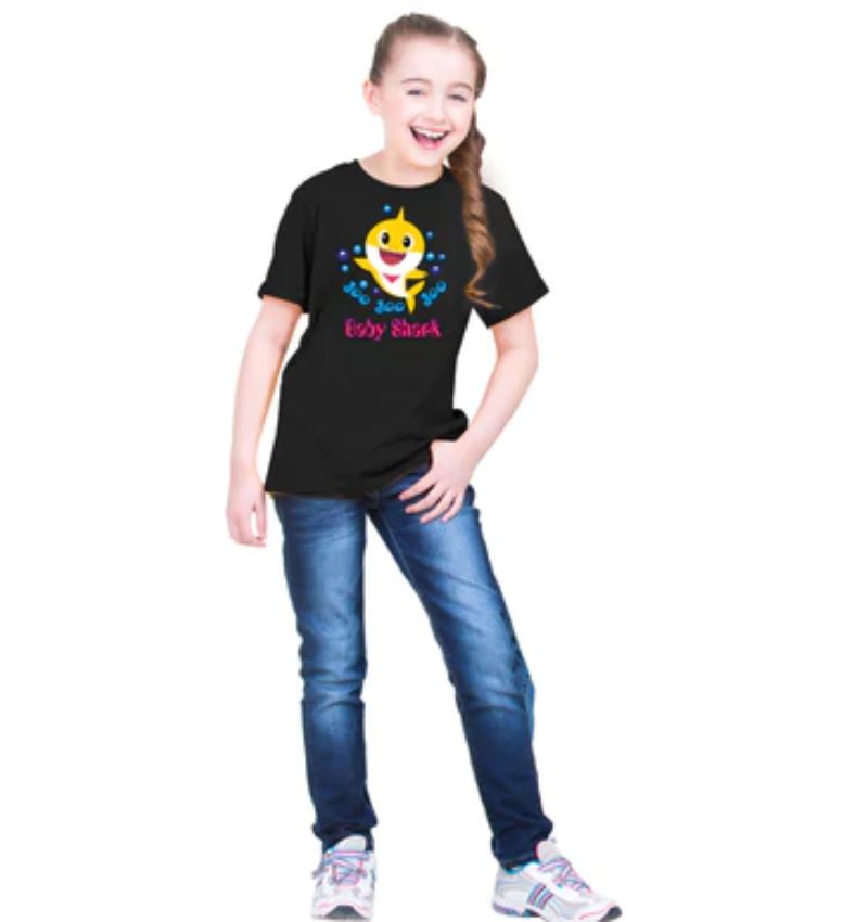 Girls cotton baby shark half-sleeve t-shirt (black), black and white cartoon marine animal design for girls' clothing