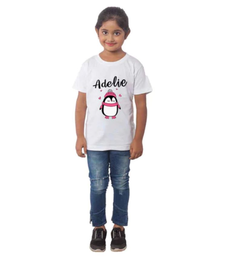 White cotton girls' Adelie half-sleeve T-shirt on a hanger