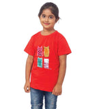 Red cotton girls half sleeve cat t-shirt with round neck, playful feline design