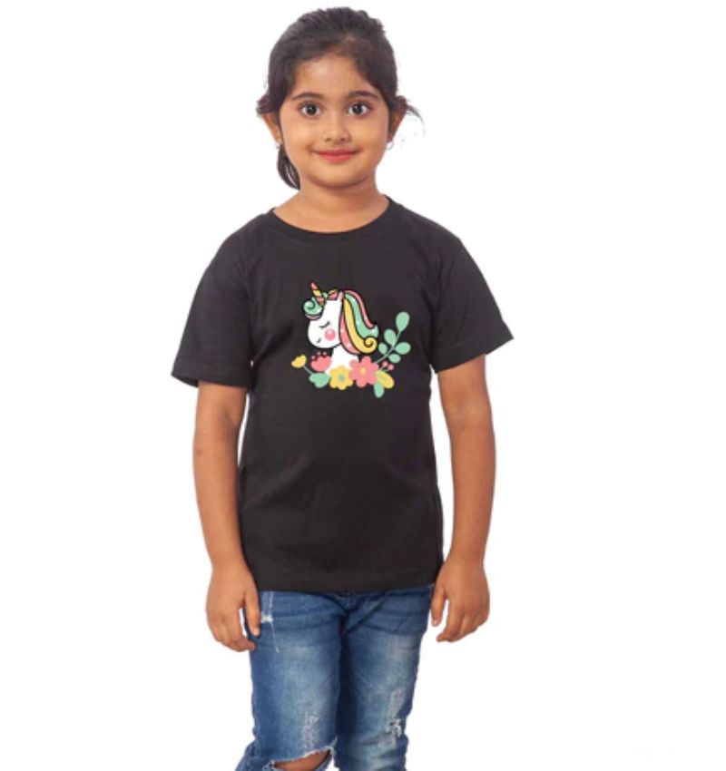 Girls black cotton unicorn face half sleeve t-shirt, round neck design for girls' casual wear