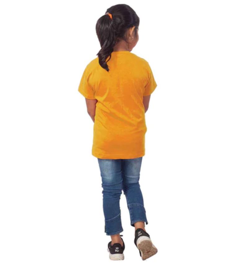 Girls cotton mustard Adelie half sleeve t-shirt (round neck) on model