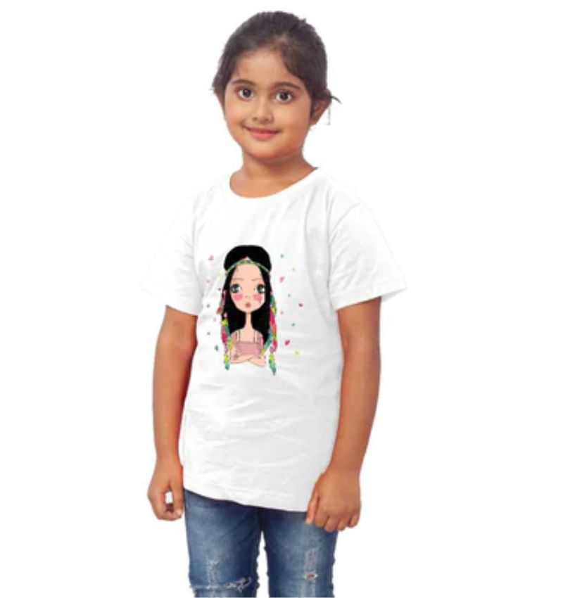 White cotton tribal half-sleeve t-shirt for girls, vibrant design on round neck