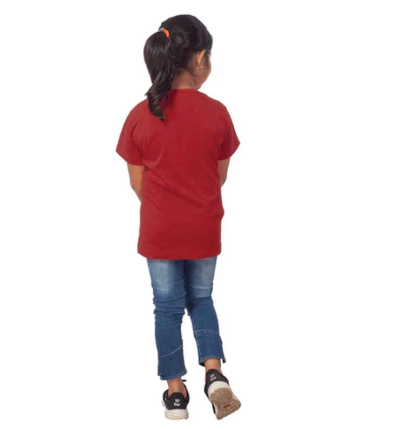 Maroon cotton tribal half sleeve t-shirt for girls, vibrant design details visible
