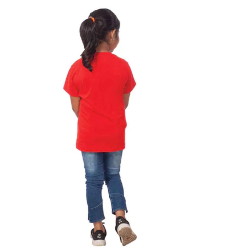 Red cotton half-sleeve t-shirt for girls featuring a cat design