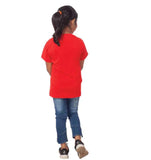 Red cotton half-sleeve t-shirt for girls featuring a cat design