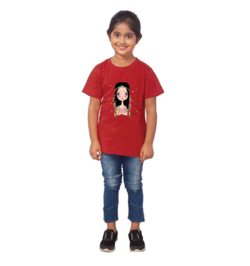 Maroon cotton tribal half sleeve t-shirt for girls, vibrant design on a casual wear piece