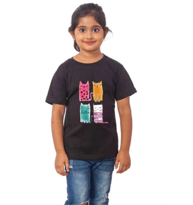 Girls black cotton half sleeve cat t-shirt with round neck, casual wear for girls
