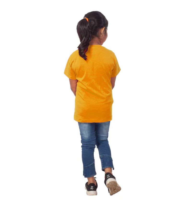 Girls cotton panda half-sleeve T-shirt (mustard), round neck on model