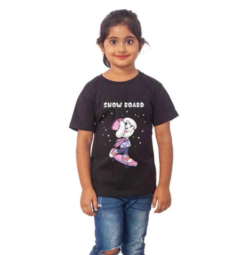 Girls Cotton Snow Board Half Sleeve TShirt (Black) - GillKart