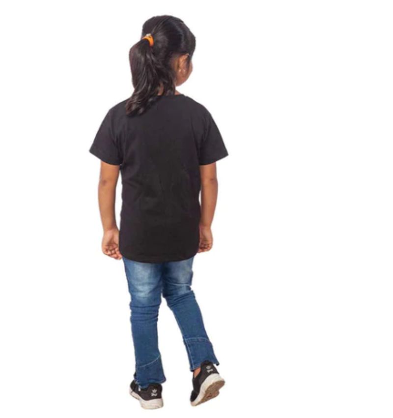 Black cotton girls tribal half-sleeve t-shirt on model, vibrant design