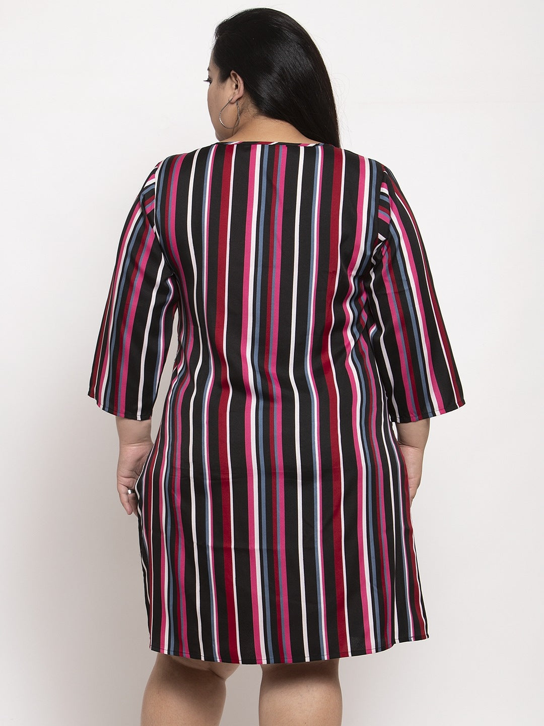 Women's Crepe Printed Strip Knee Length Fit and Flare Dress (Multicolor) - GillKart