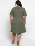 Women's Crepe Solid Knee Length Fit and Flare Dress (Olive Green) - GillKart