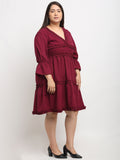 Women's Crepe Solid Knee Length Fit and Flare Dress (Maroon) - GillKart