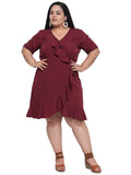 Women's Crepe Solid Knee Length Fit and Flare Dress (Maroon) - GillKart
