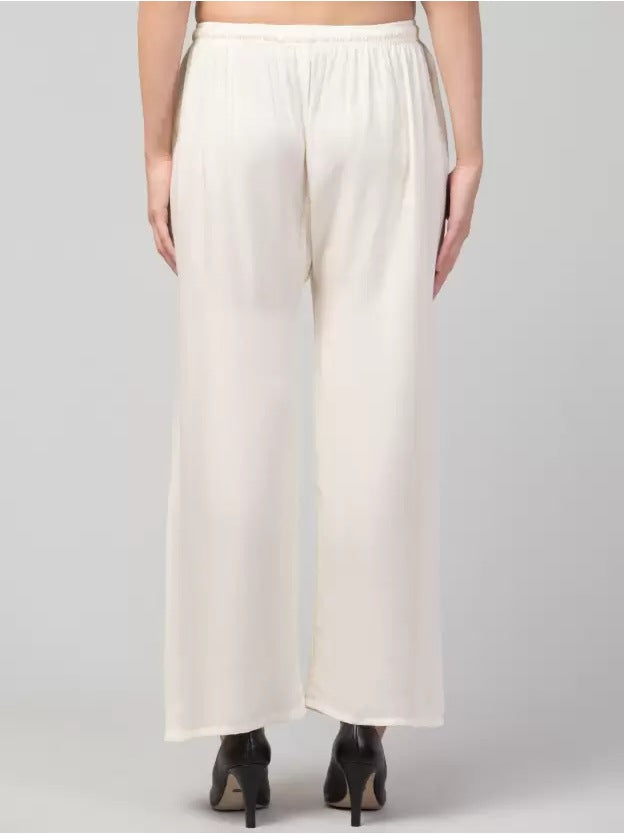 Women's Plus Size Relaxed Fit Viscose Rayon Palazzo Trousers (Cream) - GillKart