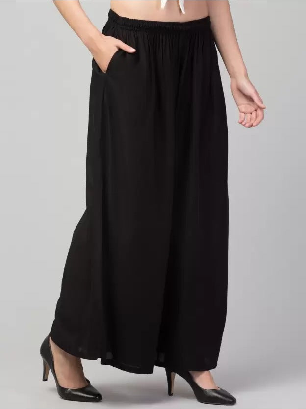 Women's Plus Size Relaxed Fit Viscose Rayon Palazzo Trousers (Black) - GillKart