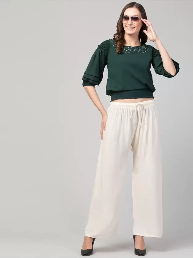 Women's Plus Size Relaxed Fit Viscose Rayon Palazzo Trousers (Cream) - GillKart