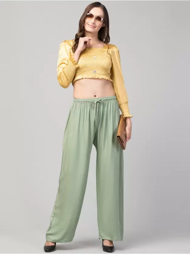 Women's Plus Size Relaxed Fit Viscose Rayon Palazzo Trousers (Light Green) - GillKart