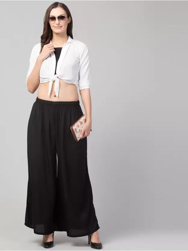 Women's Plus Size Relaxed Fit Viscose Rayon Palazzo Trousers (Black) - GillKart